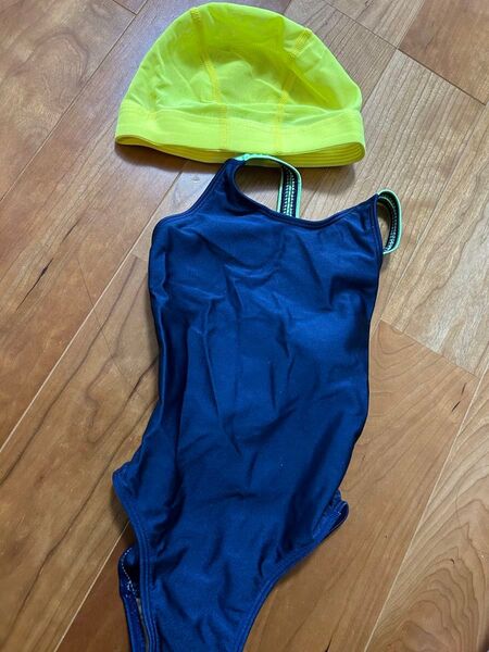 水着 120サイズ 女児水着 スイムウェア 90cm 100cm キッズ 女の子 ネイビー系 競泳水着 スイムキャップ