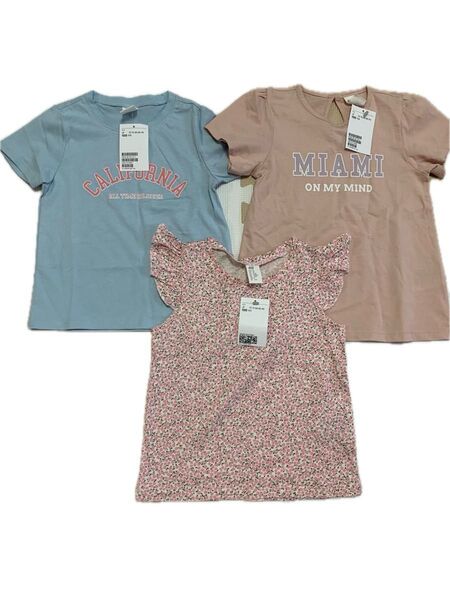 新品 100 H&M ピンク 花柄ノースリーブ 半袖 トップス 水色 ロゴ パフスリーブ Tシャツ セット 女の子 子ども服 夏服