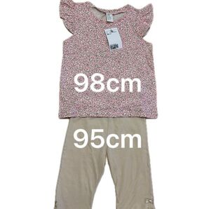 新品 95 100 H&M ピンク 花柄 ノースリーブチュニック トップス 五分丈 ベージュ メロウレギンス セットアップ 夏服