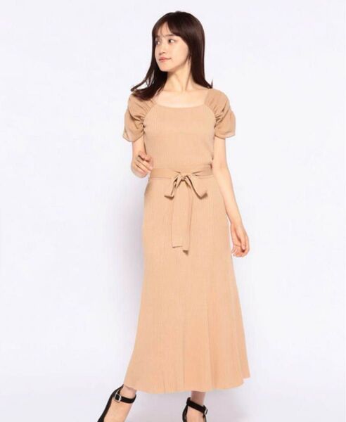美品 ギャザースリーブ異素材ニットワンピース オレンジ