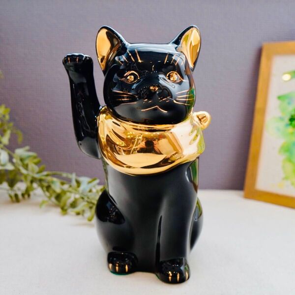 招き猫 江戸猫 19cm 右手 黒猫 瀬戸焼