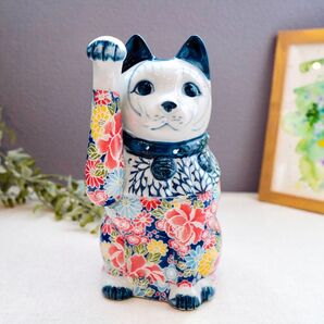 友禅磁器招き猫 小(右) 瀬戸焼