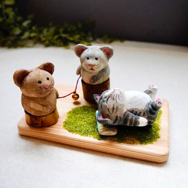 木彫り猫 261 ねずみ ハンドメイド 置物
