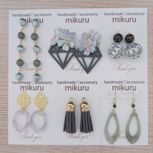 1点あたり123円 ハンドメイドピアス 6点セット 大人かわいい グレー系 金属ピアス 樹脂ピアス まとめ売り 人気 入れ替えOK