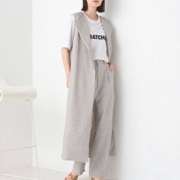 新品 OMNES ストレッチ杢ノーカラーロングジレ