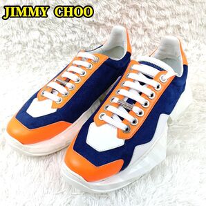 JIMMY CHOO ジミーチュウ 厚底スニーカー カーフスキン ダイヤモンド ロートップ スニーカー コバルト ネオンオレンジ