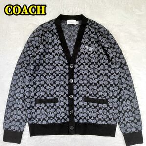 COACH コーチ ウール Vネック カーディガン レキシー シグネチャー 総柄 恐竜 刺繍 ワッペン CN456 S-M相当