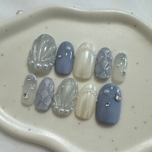 ネイルチップ 夏ネイル 貝殻ネイル 海ネイル マグネットネイル キルティングネイル 水色 キラキラ ぷっくりネイル