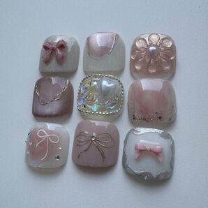 ネイルチップ フットネイルチップ ペディチップ 親指 足 ガーリーネイル リボンネイル ニュアンスネイル ぷっくりフラワー
