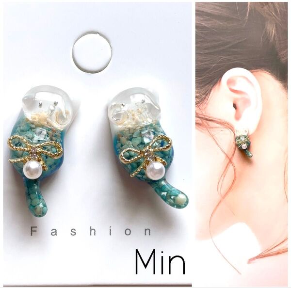 レジン 海風 猫 ピアス ハンドメイド イヤリング変更可