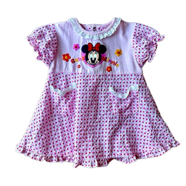 【Disney babies】ミニーちゃん 半袖ワンピース 80 可愛いハート&小花柄 コットン100%