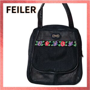【美品】FEILER フェイラー ブラック 肩掛け バッグ 花柄 ワンショルダー ハンドバッグ