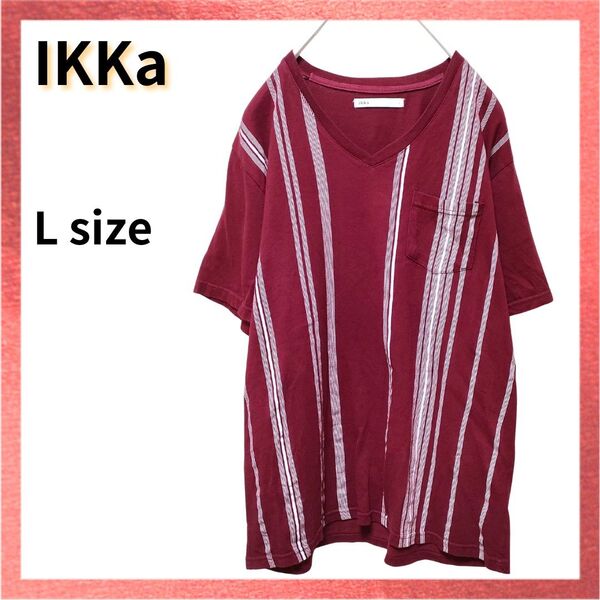 【美品】IKKa イッカ Vネック ストライプ Tシャツ Lサイズ ボルドー 半袖