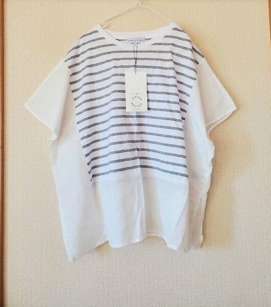 新品未使用 シーズンリーズン 切替 コットン 半袖 ワイド Tシャツ カットソー L リンネル InRed
