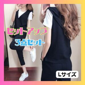 【新品】Lサイズ セットアップ 3点セット Vネックベスト パーカー 黒 半袖