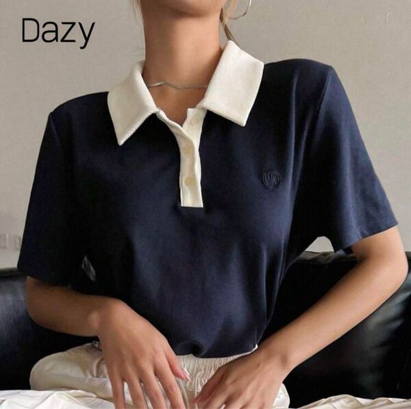 SHEIN DAZY コントラストカラー 刺詳細 ポロシャツ半袖 tシャツ