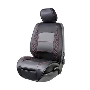 Amazonベーシック デラックス サイドレス ユニバーサル フィット 模造皮革 シートカバー 黒 レッド ダイヤモンドパターン付