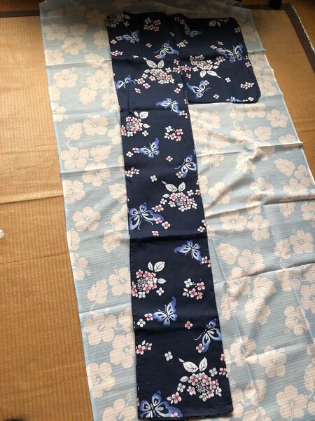 浴衣 蝶と紫陽花 ネイビー 紺地