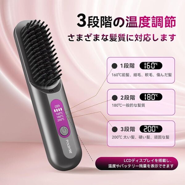 【新品未使用】ブラシ型ヘアアイロン グレー コードレス Type-C充電式 ヒートブラシ ヘアアイロン