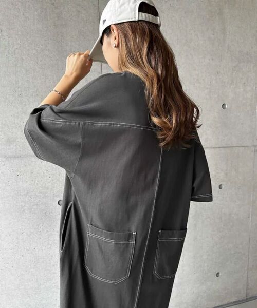 アンドミー 配色ステッチ 半袖 Tシャツ ワンピース チャコール M
