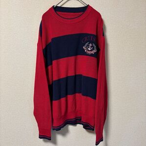 USED古着 PIASPORTS ピアスポーツ 赤ボーダーニット セーター 刺繍 トップス ヴィンテージ 90s