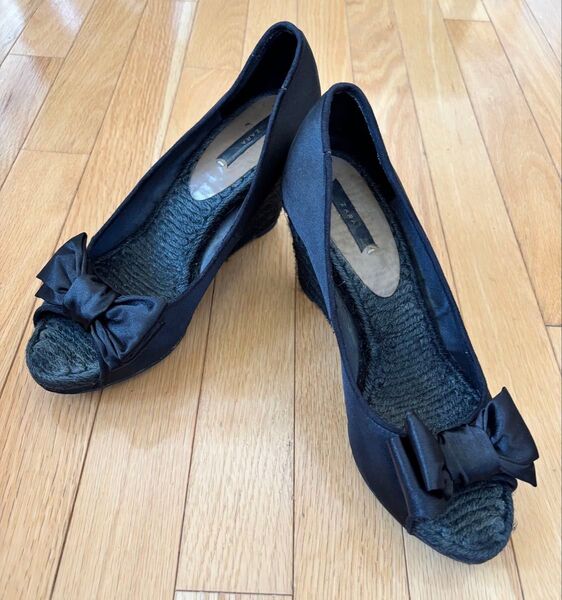 ZARA ザラ 黒サテン リボンオープントゥ ウエッジパンプス ジュート巻き