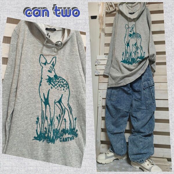 美品■can two/キャンツー■プリントがキュート♪着心地よいパーカー sizeF