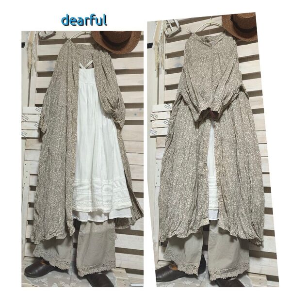 美品【dearful】クシュと華奢見え効果♪ティアード前開きワンピース 裾両サイド長め 羽織りとしても! sizeM ゆったりめ