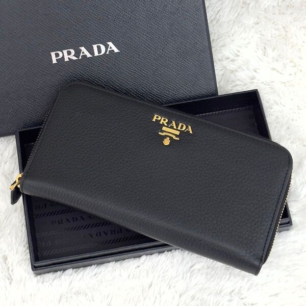 ☆極美品☆PRADA プラダ 財布 ラウンドファスナー ゴールド金具 シボ革 ジップアラウンド ヴィッテロダイノ ブラック