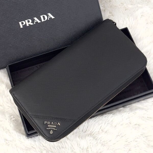 ☆美品☆ RFID内蔵 PRADAプラダ サフィアーノ 財布 ラウンドファスナー ジップアラウンド ICチップ 黒 レザー