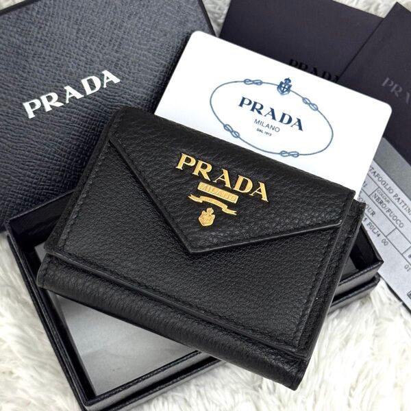 ☆新品級☆RFID内蔵 PRADA プラダ 三つ折り シボ革 ゴールド金具 財布 ICチップ レザー コンパクトウォレット