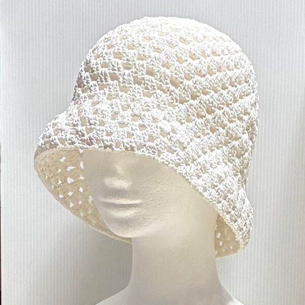 バケットハット 長編み ボワイト 手編み 春夏帽子クロシェハット ハンドメイド 日除け