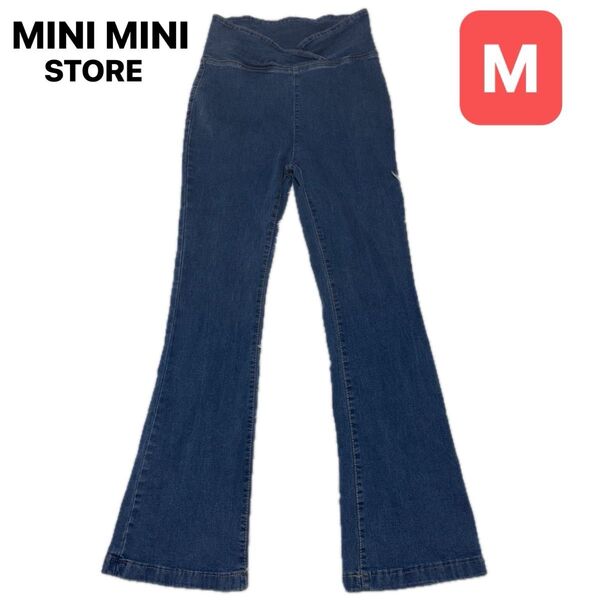 MINI MINI STORE デニムセミフレアパンツ ハイウエストクロス レディース Mサイズ ブルー系 ストレッチパンツ