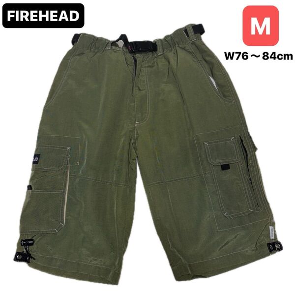 FIREHEAD ハーフパンツ カーゴパンツ メンズ Mサイズ カーキ系 ウエストゴム *ファスナー破損あり