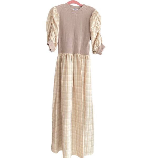 OLIVE des OLIVE オリーブデオリーブ ロングワンピース 5部袖 ベージュチェック柄 ぽわん袖 伸縮性あり Fサイズ