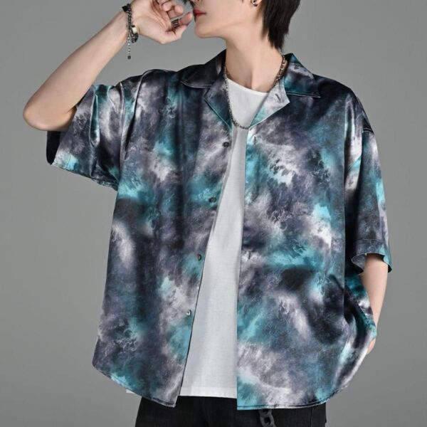 ADRER アドラー メンズ 半袖Tシャツ カットソー アブストラクト グラフィックプリント かりゆし アロハシャツ S