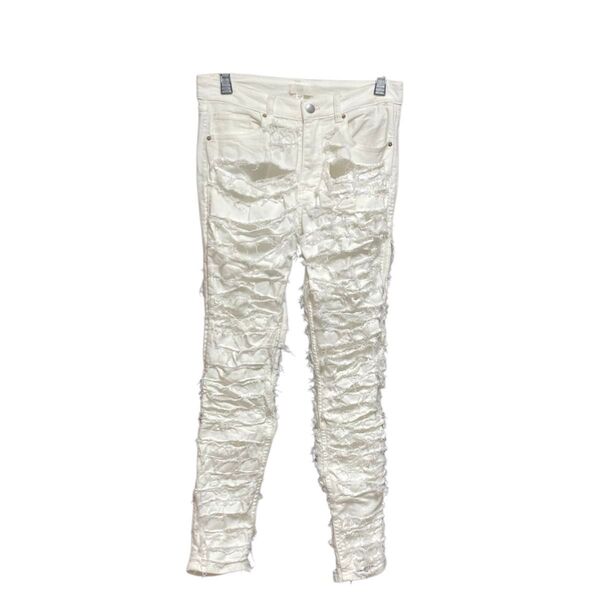 H&M ストレッチ スキニーデニムパンツ ジーンズ ホワイト白 ハードダメージ加工 リップドデニム クラッシュ