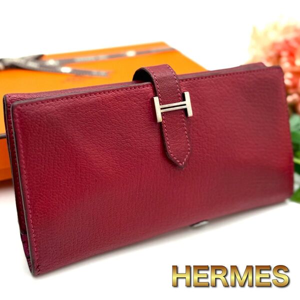 HERMES エルメス ベアン デュプリ レッド ピンク 三つ折財布 長財布 L46