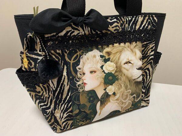 ハンドメイド Lion girl/タイガー柄 ボックス型トートバッグ
