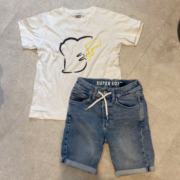 未使用 H&M デニムハーフパンツ 130 135 Tシャツ 140 2点