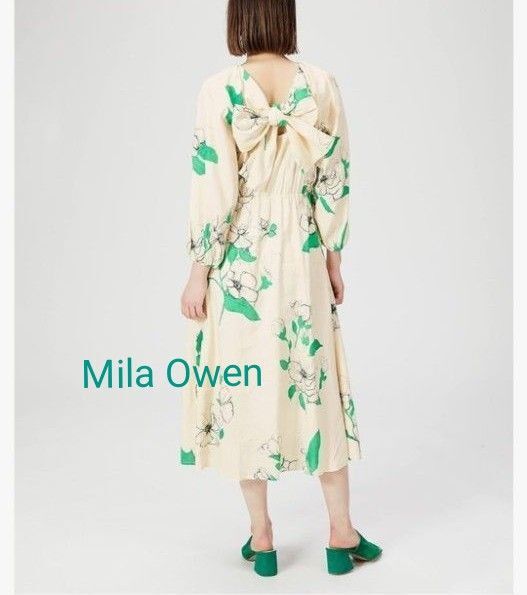 新品【Mila Owen】サイズ0 リネン バックリボンパフスリーブワンピ 花柄 ロング ボタニカル リゾート