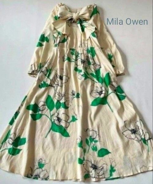 新品【Mila Owen】サイズ0 リネン バックリボンパフスリーブワンピ 花柄 ロング ボタニカル リゾート ロングワンピース