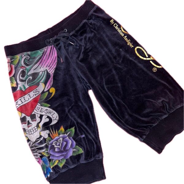 Ed Hardy Christian Audigier ベロア ハーフパンツ Love Kills Slowly