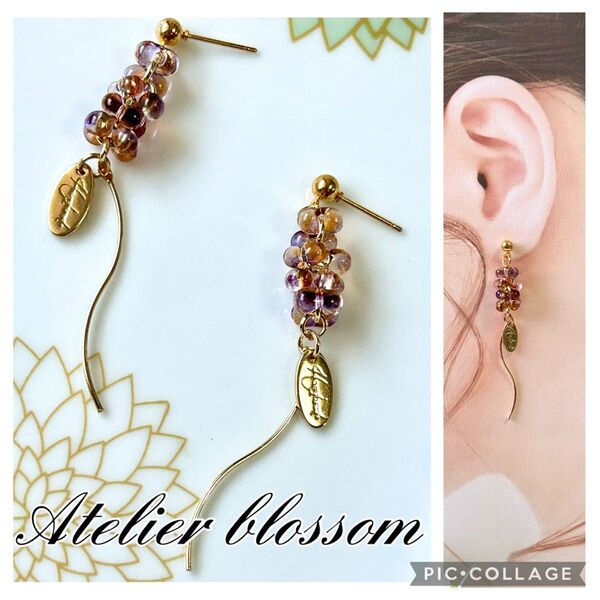 夏の夕焼け色のファルファーレチェコビーズの耳飾り ハンドメイド ピアス イヤリング 樹脂 ノンホール アクセサリー 春夏 新作