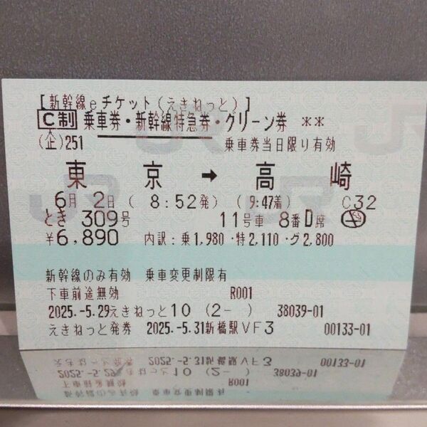 期限切れ コレクション 切符 未使用 新幹線チケット グリーン車 東京 高崎 期限切れチケット eチケット 乗車券 特急券 指定席