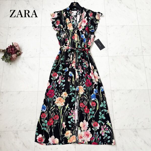 新品 ZARA BASIC ザラ ロングワンピース 花柄 ベルト ブラック