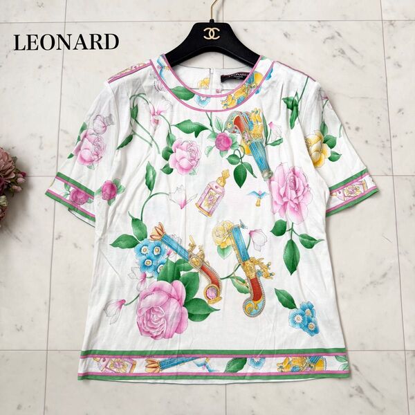 美品 レオナール LEONARD 半袖 ブラウス ティシャツ トリム 花柄 M