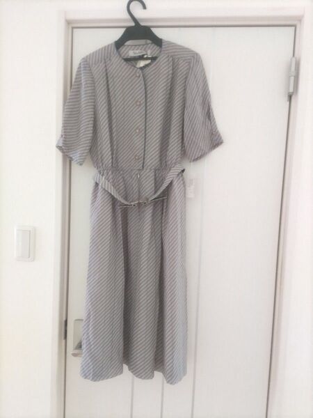新品 ミセス ワンピース 五分袖 ベルト付き 半袖ワンピース ストライプ