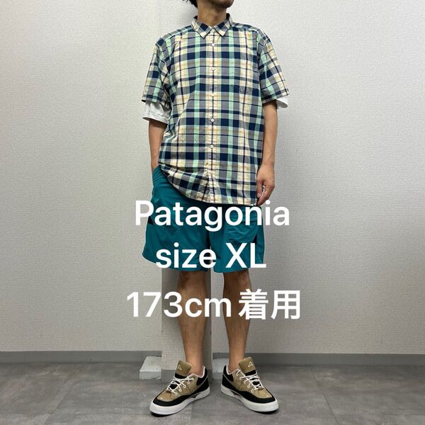 Patagoniaパタゴニア半袖シャツチェックアウトドアXL USAアメリカ古着オーガニックコットン
