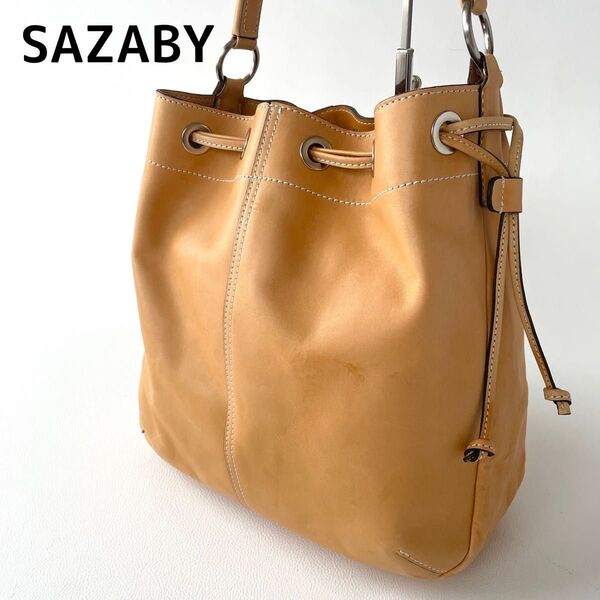 SAXABY サザビー 巾着型ハンドバッグ 本革 レザー キャメル バケットバッグ